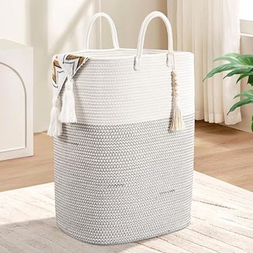 Woven Laundry Basket for Clothes, 80L Large Rectangle Laundry Hampers with Beads Tassel, Nursery Storage Basket for Toys, Tall Dirty Clothes Hamper for Bedroom Aesthetic, Laundry Room Organization