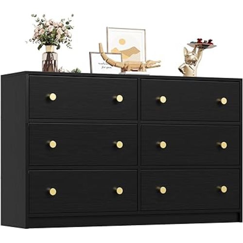 Nicehill 6 Drawers Dresser for Bedroom, Fabric Storage Tower, Dresser & Chest of Drawers Organizer，Storage Cabinet, Hallway, Closets, Living Room, Black Wooden Dresser（Black）