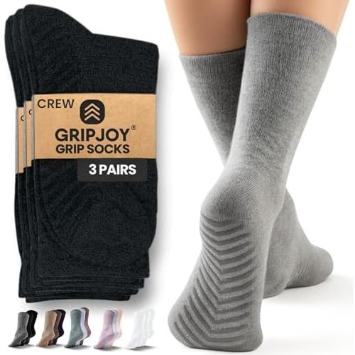 Gripjoy Grip Socks for Women, Grippy, Non Slip, Gripper Socks for Women & Men, Pilates, Yoga, Hospital, 3 Pairs, Crew