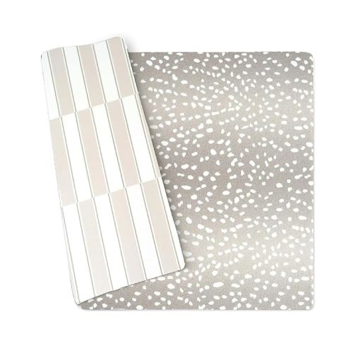 Wander & Roam Premium Reversible Baby Play Mat - Soft Foam Tummy Time Mat for Infant, Toddler & Parent - Modern Neutral Antelope + Stripe Design - Water Resistant, Easy to Clean, Non-Toxic - Greige
