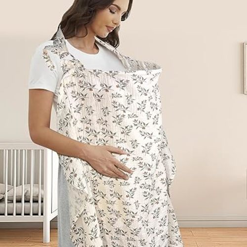 UHINOOS Muslin Nursing Cover for Mom Breastfeeding, 100% Cotton Baby Privacy Nursing Covers Up Breathable with Ajustable Hoop for Mother(Leaf)