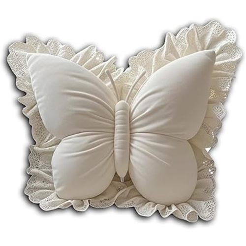Cream White Butterfly Shaped Throw Pillow with Lace Ruffles, Plush Decorative Cushion for Living Room, Bedroom, Car, Sofa - Princesscore & Cottagecore Aesthetic