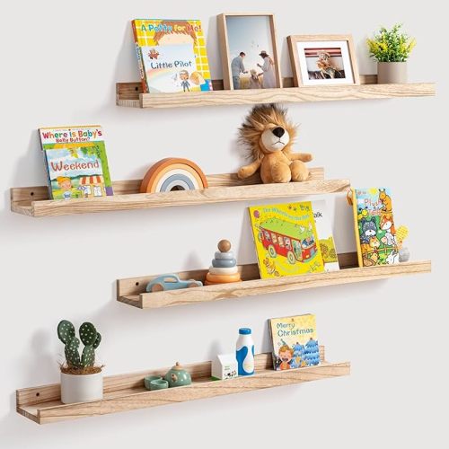 Fun Memories Rustic Wooden Picture Shelves for Wall with Ledge, 36 Inch Floating Shelves with Lip Set of 4, Kids Nursery Book Shelf Photo Shelf, Wall Mounted Display Shelves for Bedroom, Living Room - Carbonized Black - 36 Inch, Set of 4