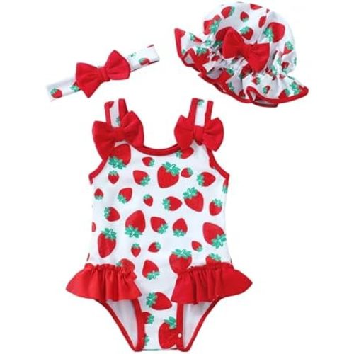 Baby Girl Swimsuit Infant One-Piece Bathing Suit Cute Summer Beach Tankini Bikini Ruffle Bow Toddler Swimwear with Hat