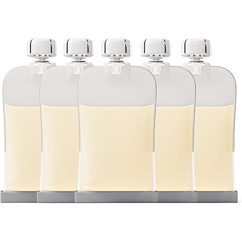 Reusable Silicone Breast Milk Storage & Baby Food Pouches 5PK 180ml - BPA Free Leakproof with Spout & Zipper - Dishwasher Safe, Breastmilk Freezer Bags - Refillable Pouch for Babies & Toddlers