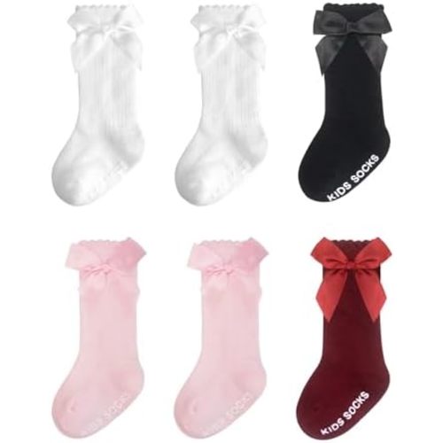 Baby Knee High Socks Girl Non Slip Toddler Stockings Cotton Bow Ruffle Newborn Long Socks Infant Dress Sock 0-6M/6-12M/1-3Y