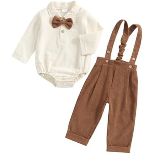 BULINGNA 2Pcs Newborn Baby Boy Fall Gentleman Outfit Romper Dress Shirt with Bowtie + Suspender Pants Formal Suit Clothes Set