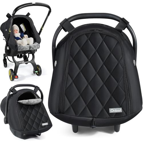 Orzbow Winter Baby Car Seat Cover with Front Zipper Door, Cold Weather Carseat Cover Canopy, Side Breathable, Rain, Snow and Wind Proof Car Seat Carrier Canopy Cover, Machine Washable, Black