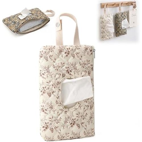 Portable Diaper and Wipes Pouch - Floral Refillable Wet Wipes Case with Lanyard for Home, and Travel (Beige)