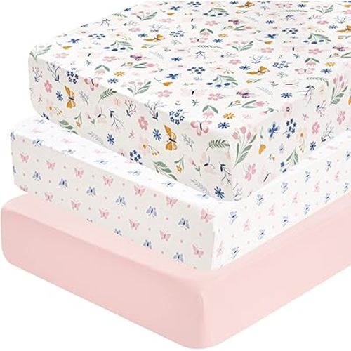 david's kids 3 Pack Fitted Crib Sheets, Ultra Soft Breathable Comfortable Baby Sheet Set for Boys Girls Neutral, 28x52 Inch Fits Standard Crib and Toddler Mattresses, Floral & Butterfly