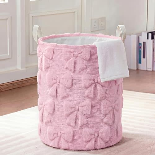Blushtier Deep Pink Bow Laundry Hamper Girls Room Decor Coquette Pink Bow Plush Faux Fur Basket Kids Large Storage Basket Collapsible Organize Bins for Gifts Toys Blanket Clothes Nursery Bedroom