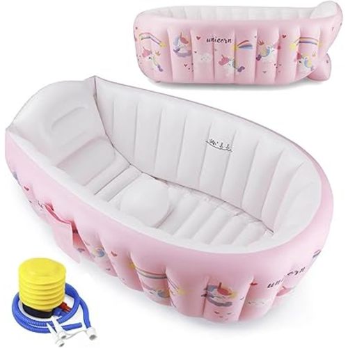 PandaEar Baby Inflatable Bathtub, Portable Travel Baby Infant Bath Tub Toddler Bathtub with Air Pump, Foldable Non-Slip Shower Basin Mini Air Swimming Pool for Newborn (Whale Blue) (Pink)