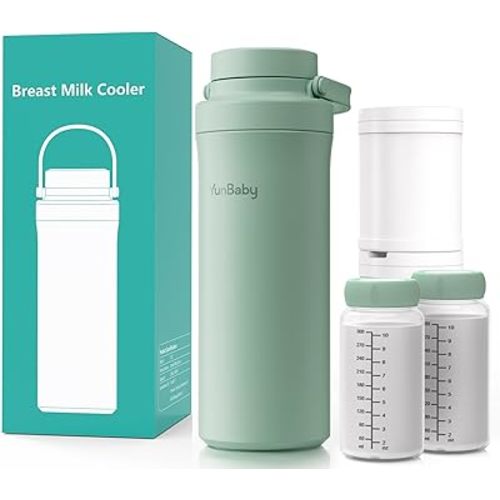 22oz Portable Breast Milk Cooler, Game-changer with 360° Total Cooling Gel Ice Pack for 30 Hours, Baby Travel Breastfeeding Essential Chiller with 2pcs Bottles for Breastmilk Storage(Green)