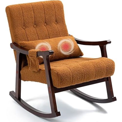 AVAWING Rocking Chair Nursery, Upholstered Boucle Glider Rocker with 2-Point Massage Lumbar Pillow and Solid Wood Legs, Extra Small for Bedroom and Living Room, Brown