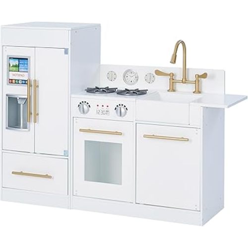 Teamson Kids Little Chef Charlotte Modern Modular Interactive Wooden Play Kitchen with Refrigerator, Stove and Sink in White with Gold Finishes