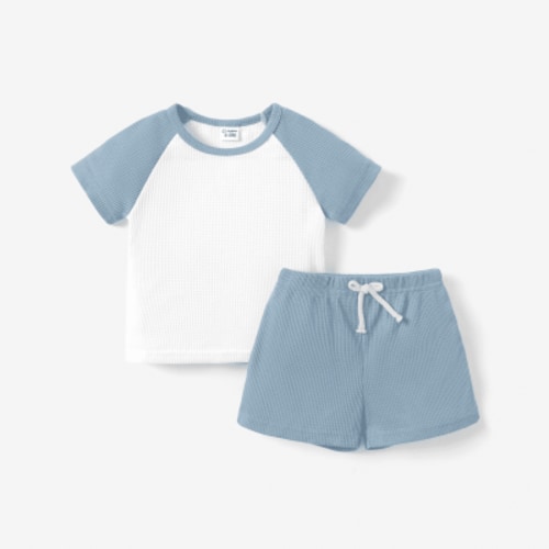 PatPat Baby Clothes 2pcs Baby Boys Raglan Sleeve Waffle Top and Shorts Outfits Sets, Blue, 9-12 Months