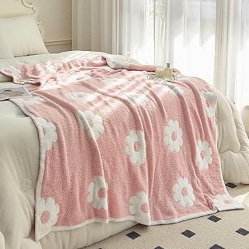 NIDITW Ultra Soft Cozy Small Flowers Sunflower Knit Throw Blanket Microfiber Knitted Green Plants Daisy Blanket Pink Lightweight Fluffy Fleece Blanket for Home Sofa Couch Bed 50x60 Inches (Pink)