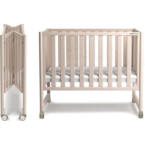 EvoNook 6-in-1 Convertible Mini Crib - Easy Assembly, Portable Folding Baby Mini Crib with Wheels, 100% New Zealand Pinewood, 4 Adjustable Mattress Heights, Washed Nature with Mattress