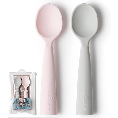 Miniware Silicone Baby Spoon for Training - BPA Free Baby Utensils - Baby Spoons Self Feeding 6 Months | 100% Food Grade Silicone - Modern & Dishwasher Safe Toddler Spoons (Grey and Cotton Candy)