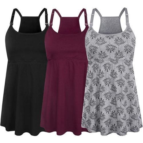 SUIEK Women's Nursing Tank Tops Maternity Cami with Shelf Bra Cotton Breastfeeding Clothes - Large - A-black+burgundy+grey Print - Fourth Style