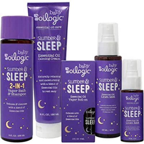 Oilogic Slumber & Sleep Baby Bath Essentials Gift Set, 5-Pack - Essential Oil Care includes Roll-On, Calming Cream, Vapor Bath, and Two Linen Mist - Relaxing Lavender & Chamomile