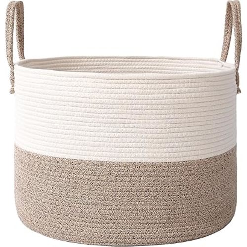 Woven Blanket Basket,65L Large Rope Storage Bin with Handles, Organizer for Blankets Toys Book and Clothes, Laundry Basket for Living Room Bedroom Nursery,White&Brown