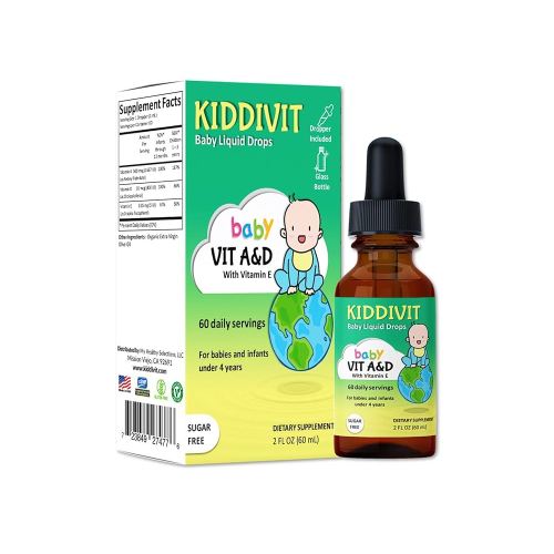 Kiddivit Baby Vitamin A&D Liquid Drops with Vitamin E - 60 Daily Servings, 2 Fl Oz (60 mL) - Dropper Included, Glass Bottle - Sugar Free, Gluten Free, Vegetarian Friendly
