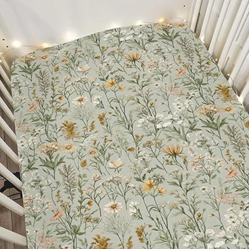 Vintage Wild Flowers Baby Crib Sheets for Boy Girl 52"x28" Retro Plants Soft Stretchy Fitted Crib Mattress Cover Spring Summer Baby Sheet for Standard Crib & Toddler Mattress Pads