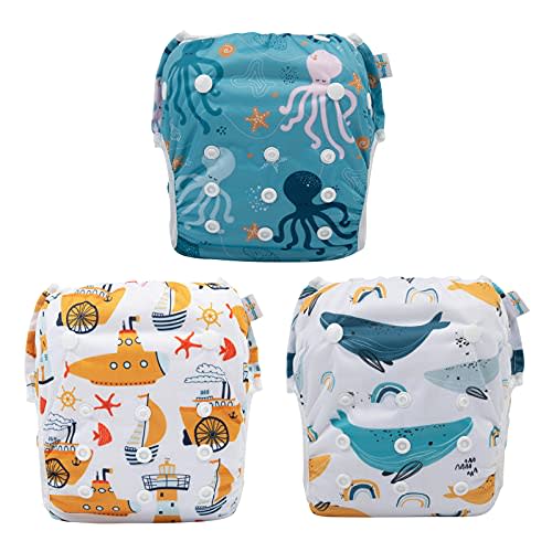 Babygoal Baby Swim Diapers 3 Pack for 0-8 Months Infant Girls and Boys, Reusable Adjustable Washable for Swimming Lessons-Shark & Octopus