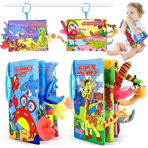Soft Baby Books for 0-18 Months, 2PCS Crinkle Cloth Books - Forest and Ocean Themes, Tummy Time Toys for Infants 0-6-12-18 Months, Sensory Books for Babies, Ideal Christmas