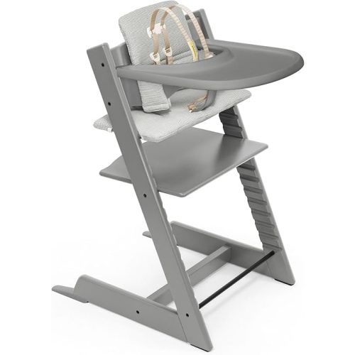 Tripp Trapp High Chair (Storm Grey) and Cushion (Nordic Grey) with Stokke Tray (Storm Grey) - Adjustable, Convertible, All-in-One High Chair for Babies & Toddlers
