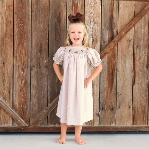 Mallard Smocked Tan Gingham Bishop Dress