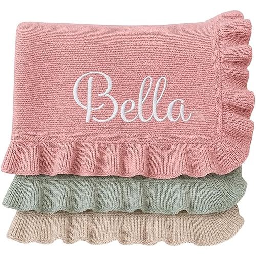 Nonnie Personalized Ruffle Baby Blanket with Name, Custom Embroidered Knit Newborn Wrap for Girls Boys, Soft Nursery Stroller Blanket, Customized Gifts Baby Shower Keepsake, Infant Photo Prop