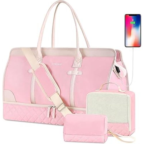 ETRONIK Weekender Overnight Bags for Women, Large Travel Duffle Bags with Shoe Compartment & Wet Pocket, Carry On Bag Duffel Bag with Toiletry Bags 3 Pcs Set