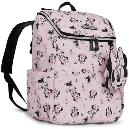 Disney Diaper Bag Backpack with Changing Pad Minnie Mouse – 16” Nylon Baby Bag for Parents, Insulated Bottle Holders, Multiple Storage Pockets