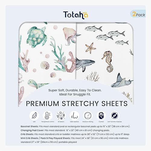 TotAha Premium Soft Bassinet Sheet for Boy Girl, Super Stretchy Jersey Knit Bassinet Fitted Sheet, Compatible with Halo, Maxi COSI, Mika Micky, SNOO, and Other Bassinet, 2 Pack (Sea Animal)