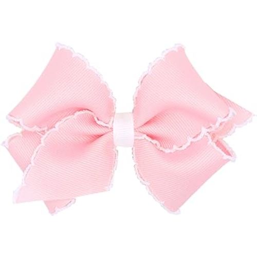 Wee Ones Girls' Classic Grosgrain Moonstitch Edge Hair Bow, No-Slip Hair Clip, Handmade, Light Pink with White, Small
