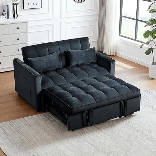 3 in 1 Convertible Sleeper Sofa Bed, 54'' Full Size Velvet Pull Out Futon Couch Recliner with Reclining Backrest & 2 Pillows, Small Loveseat Lounge Couches for Small Spaces (Black)