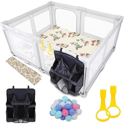 Extra Large Baby Playpen, Foldable Baby Fence, 59inx59in Portable Baby Playyard, Waterproof Washable Play Yard with Storage Bag, Ocean Ball, Climbing Mat, Hoop Grey