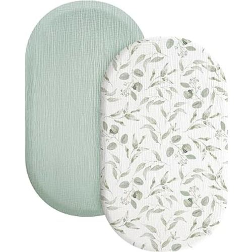 Konssy 2 Pack Muslin Fitted Bassinet Sheets for Baby Girl Boy, Soft Breathable Baby Bassinet Sheets Fit for Baby Bassinets, Cradle, Moses Basket Oval Rectangle Pad/Mattress (Green,Watercolour)