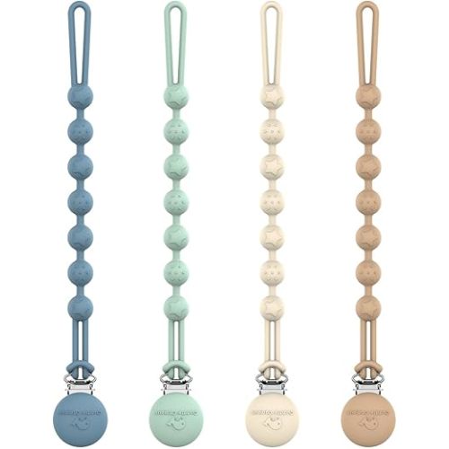 Cuddle Campus Silicone Pacifier Clip Holder with One Piece Design, Pack of 4 Soft Flexible Binky Clips with Texture Set 1(6M+)