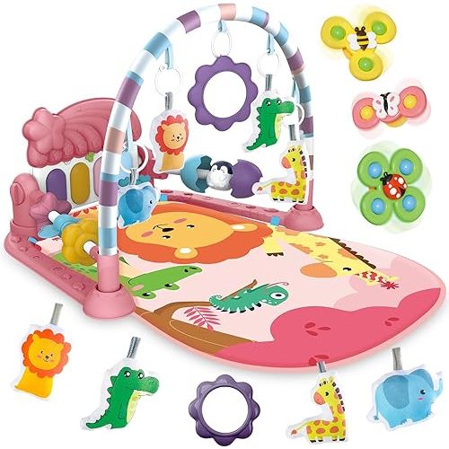Baby Gyms Play Mats, Tummy Time Mat Toys, Infant Play Mat and Activity Gym, Baby Play Piano Gym Mat, Play Mats for Babies Newborns and Toddlers, Baby Activity Mat Toys 0-3-6-12 Months (Pink)