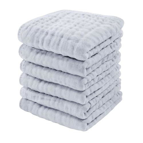 Baby Washcloths Set, Muslin Cotton Baby Towels, Large 10”x10” Wash Cloths Soft on Sensitive Skin, Absorbent for Boys & Girls, Newborn Baby & Toddlers Essentials Shower Registry Gift (Slate, Pack of 6) - 6-Pack 10"X10"