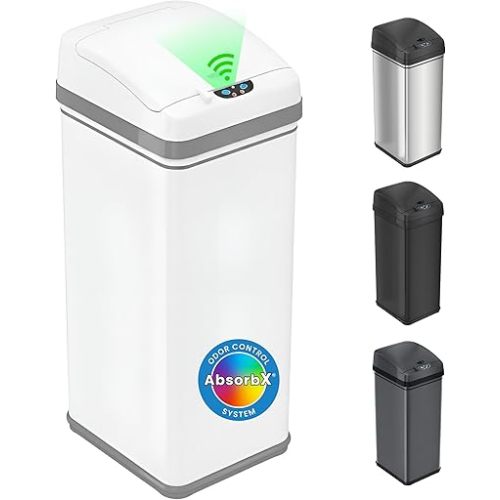 iTouchless 13 Gallon Motion Sensor Garbage Container with Odor Filter, 50L Touchless Stainless Steel Kitchen Bin, Smart Automatic Lid, Fingerprint-Proof, Pet-Safe Lock & Soft-Close, Brilliant White