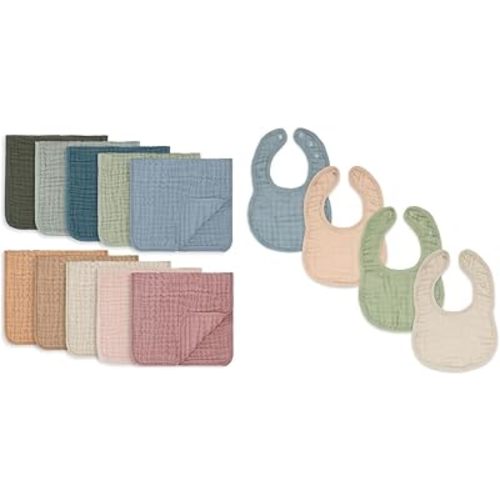 Comfy Cubs Muslin Burp Cloths and Muslin Baby Bibs Bundled