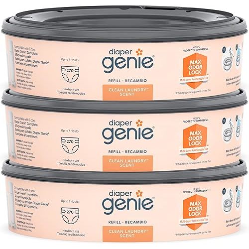 Diaper Genie Bags Refills 270 Count (Pack of 3) Clean Laundry Scent | Diaper Pail Refills with Max Odor Lock | Holds up to 810 Newborn Diapers