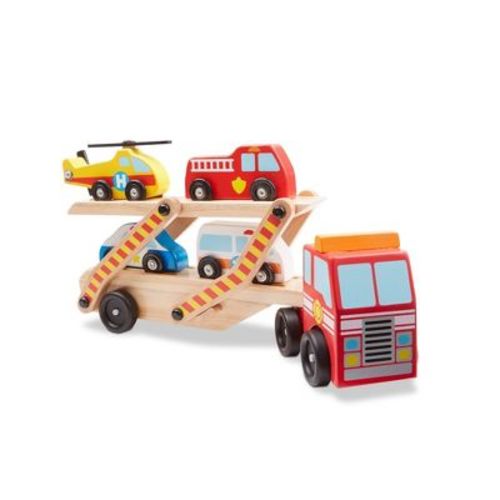 Melissa & Doug Emergency Vehicle Carrier Wooden Truck With 4 Rescue Vehicles: Educational Toy Set for Fine Motor Skills
