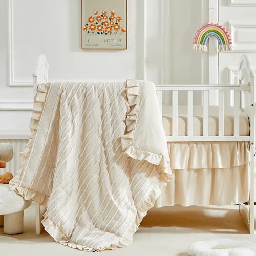 3 Pieces Tufted Stripes Crib Bedding Set with Ruffle Fringe, Beige Ruffled Comforter with Fitted Sheet and Bed Skirt, Soft and Embroidery Shabby Chic Boho Bohemian Jacquard Design for Baby Girls Boys