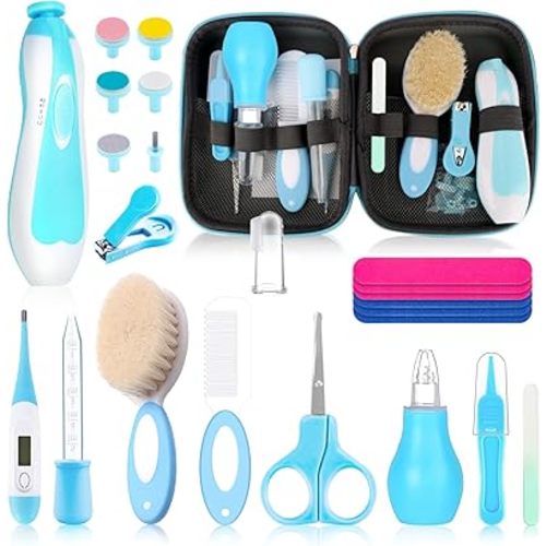 Baby Healthcare and Grooming Kit, Baby Safety Set Newborn Nursery Health Care Set with Hair Brush Scale Measuring Spoon Nail Clippers for Baby Girls Boys (24PCS Blue)