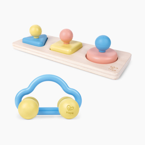 Hape Montessori Mirror Shape Puzzle and Rattle & Roll Toy Car Set